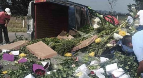 VOLCÓ CAMIONETA CON FLORES EN PASTEJÉ Y NO HUBO RAPIÑA, SINO SOLIDARIDAD